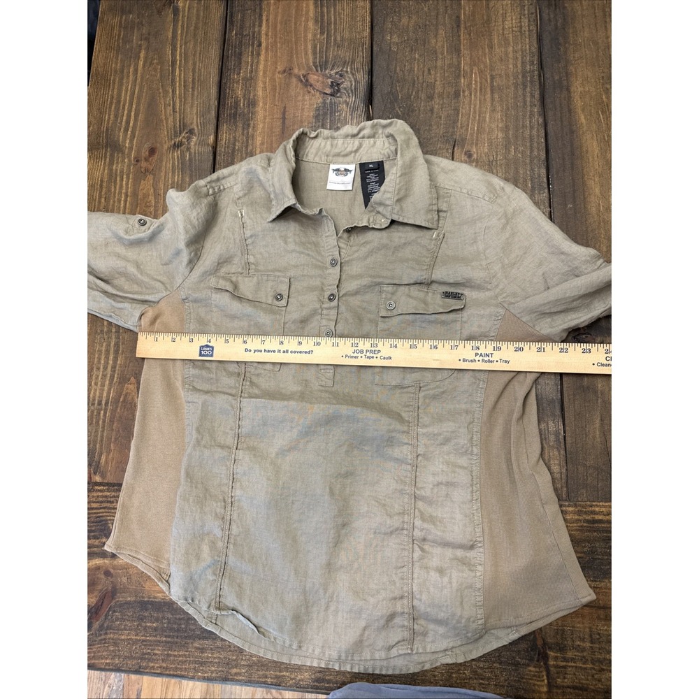 Women's XL Harley Davidson 1/2 Button Down Shirt Woven Sides Metal Buttons Logos - Picture 8 of 8
